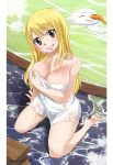  1girl absurdres artist_name bangs barefoot blonde_hair blush breasts brown_eyes cleavage collarbone eyebrows_visible_through_hair fairy_tail from_above full_body gaston18 grin hair_between_eyes head_tilt highres large_breasts long_hair looking_at_viewer lucy_heartfilia mashima_hiro medium_breasts naked_towel plue shiny shiny_skin sitting smile soles solo straight_hair towel very_long_hair wariza white_towel 