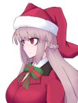  1girl @_@ bow braid breasts fate/grand_order fate_(series) florence_nightingale_(fate/grand_order) florence_nightingale_santa_(fate/grand_order) french_braid fur-trimmed_headwear hat highres jacket large_breasts long_hair multicolored_bow pink_hair red_eyes red_headwear red_jacket ringed_eyes santa_costume santa_hat solo tettsui_kusuru 