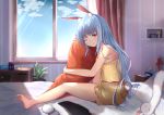  1girl ;) animal_ear_fluff animal_ears bangs bare_arms bare_shoulders barefoot blue_hair blush bunny_ears bunny_girl bunny_tail camisole can closed_mouth commentary curtains day desk_lamp don-chan_(hololive) eyebrows_visible_through_hair highres hololive indoors lamp long_hair object_hug one_eye_closed open_window plant potted_plant red_eyes short_eyebrows short_shorts shorts sitting smile stuffed_carrot taikoi7 tail thick_eyebrows usada_pekora very_long_hair virtual_youtuber window yellow_camisole yellow_shorts 
