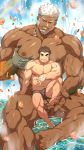  2boys abs aegir_(tokyo_houkago_summoners) bara beard boxer_briefs brown_hair bulge chest couple facial_hair giant highres male_focus manly master_3_(tokyo_houkago_summoners) mazjojo multiple_boys muscle navel nipples pectoral_grab pectorals shirtless short_hair thick_eyebrows thick_thighs thighs tokyo_houkago_summoners underwear underwear_only upper_body water wet yaoi 