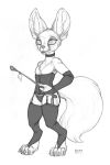  2020 4_toes 5_fingers anthro canid canine clothed clothing collar ecmajor fennec fingers fox greyscale hi_res holding_object lingerie male mammal monochrome nonbinary_(lore) riding_crop simple_background skimpy solo standing toes traditional_media_(artwork) whip whiskers white_background 
