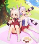  2girls animal_ears azur_lane bangs bare_shoulders blue_camisole bluesnail bottle breasts brown_eyes bunny_ears camisole cleavage collarbone commentary_request covered_collarbone day detached_sleeves drinking eyebrows_visible_through_hair fake_animal_ears fang food full_body grass hair_between_eyes hairband highres holding holding_bottle japanese_clothes kimono knees_up laffey_(azur_lane) long_hair multiple_girls no_jacket no_shoes open_mouth outdoors panties pantyshot plate pleated_skirt pond red_eyes red_kimono red_skirt red_sleeves shadow short_hair shouhou_(azur_lane) sidelocks sitting skin_fang skirt sleeveless sleeveless_kimono small_breasts socks strap_slip sunlight sweatdrop thighhighs topknot tree twintails undershirt underwear very_long_hair white_camisole white_hair white_legwear white_panties wide_sleeves zettai_ryouiki 