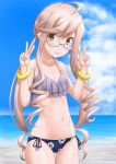  1girl :3 ahoge beach bikini blue-framed_eyewear blue_sky braid cloud commentary_request cowboy_shot crown_braid day double_v floral_print frilled_bikini frills glasses highres horizon kantai_collection long_hair looking_at_viewer makigumo_(kantai_collection) mismatched_bikini outdoors pink_hair remodel_(kantai_collection) semi-rimless_eyewear side-tie_bikini sky solo swimsuit t2r twintails under-rim_eyewear v yellow_eyes 