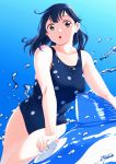  1girl :o absurdres ahoge black_eyes black_hair blue_background breasts commentary_request eyebrows_visible_through_hair highres kantai_collection large_breasts long_hair looking_at_viewer ojipon one-piece_swimsuit polka_dot polka_dot_swimsuit simple_background solo swimsuit ushio_(kantai_collection) water 