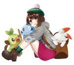  1girl absurdres ankle_boots backpack bag bangs bob_cut boots brown_eyes brown_footwear brown_hair commentary_request cross-laced_footwear eyebrows_visible_through_hair from_side gen_8_pokemon green_headwear green_legwear grey_sweater grookey hat highres holding holding_pokemon hood hood_down hoodie leg_hug long_sleeves looking_at_viewer meruko-san miniskirt open_mouth partial_commentary pink_skirt plaid plaid_legwear pokemon pokemon_(creature) pokemon_(game) pokemon_swsh scorbunny short_hair sitting skirt smile sobble socks solo starter_pokemon_trio sweater tam_o&#039;_shanter yuuri_(pokemon) 