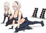  2girls android black_footwear black_headband black_pants blue_eyes blue_pants breasts determined exercise expressionless headband large_breasts long_hair mole mole_under_mouth multiple_girls nier_(series) nier_automata pants ryu_seung shoes short_hair sneakers thighs weights white_background white_hair yoga_pants yorha_no._2_type_b yorha_type_a_no._2 