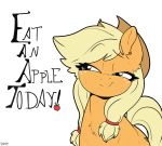  2020 applejack_(mlp) bodily_fluids clothing cowboy_hat digital_media_(artwork) earth_pony english_text equid equine eyebrow_through_hair eyebrows eyelashes female feral freckles friendship_is_magic front_view fur green_eyes hair hasbro hat headgear headwear hi_res horse long_hair mammal my_little_pony orange_body orange_fur pony quadruped signature simple_background skoon smile solo sweat tan_hair tan_tail text translucent translucent_hair white_background 