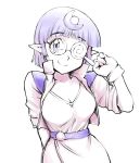  1990s_(style) 1girl arara_cocoa belt breasts cleavage closed_mouth glasses gloves hair_ornament jewelry looking_at_viewer ng_knight_lamune_&amp;_40 pointy_ears purple_hair short_hair simple_background smile solo ueyama_michirou white_background 