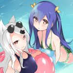  2girls animal_ears bangs bikini blue_hair blue_swimsuit bow brown_eyes cat_ears cat_hair_ornament charle_(fairy_tail) closed_mouth collarbone eyebrows_visible_through_hair eyewear_on_head fairy_tail flat_chest green_bikini hair_between_eyes hair_bow hair_ornament innertube long_hair mikagelove multiple_girls open_mouth plaid plaid_bikini red_eyes school_swimsuit shiny shiny_hair silver_hair smile sunglasses swept_bangs swimsuit twintails very_long_hair water wendy_marvell yellow_bow 