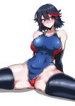  1girl absurdres black_hair blue_eyes blush commentary competition_swimsuit gggg highres kill_la_kill looking_at_viewer matoi_ryuuko multicolored_hair one-piece_swimsuit short_hair simple_background sitting solo spread_legs swimsuit thighhighs two-tone_hair white_background 