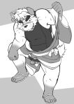  2005 anthro balls blush canid canine canis clothing domestic_dog footwear genitals kemono kome_(artist) male mammal monochrome penis robe sandals simple_background solo undressing 