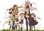  1boy 5girls agrius_metamorphosis ahoge animal_ears asaya_minoru atalanta_(alter)_(fate) atalanta_(fate) bandaged_arm bandaged_hands bandages bangs bare_arms bare_shoulders bell beret black_bow black_dress black_footwear black_gloves black_hair black_headwear black_legwear black_panties black_pants black_shirt blurry blurry_foreground boots bow braid brown_eyes brown_footwear brown_gloves brown_hair capelet character_request commentary_request depth_of_field dress elbow_gloves eyebrows_visible_through_hair facial_scar fate/extra fate/grand_order fate_(series) fingerless_gloves floating_hair fur-trimmed_capelet fur_trim gloves gothic_lolita green_bow green_eyes green_ribbon grey_hair hair_bow hat hat_bow headpiece holding holding_hands holding_sword holding_weapon jack_the_ripper_(fate/apocrypha) jeanne_d&#039;arc_(fate)_(all) jeanne_d&#039;arc_alter_santa_lily lolita_fashion long_hair multicolored_hair multiple_girls naked_overalls nursery_rhyme_(fate/extra) over_shoulder overall_shorts overalls panties pants pantyhose parted_bangs paul_bunyan_(fate/grand_order) puffy_short_sleeves puffy_sleeves purple_eyes red_gloves ribbon scar scar_on_cheek shirt short_sleeves single_glove sleeveless sleeveless_shirt standing streaked_hair striped striped_bow striped_ribbon sword sword_over_shoulder thigh_boots thighhighs twin_braids twintails twitter_username underwear very_long_hair weapon weapon_over_shoulder white_background white_capelet white_dress 