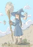  1girl absurdres black_dress black_hair boots commentary day dress floating_island grass hat highres long_hair looking_back original outdoors porankaran sky solo staff witch witch_hat 