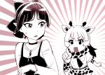  bow breasts choker crossover dress gegege_no_kitarou hair_bow kemono_friends monochrome multiple_girls nekomusume nekomusume_(gegege_no_kitarou_6) open_mouth pointing pointy_ears reticulated_giraffe_(kemono_friends) short_hair ueyama_michirou 