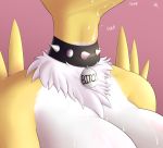  absurd_res anthro big_breasts bodily_fluids booponies breasts collar cum cum_drip cum_on_breasts digimon digimon_(species) dripping female genital_fluids hi_res neck_bulge renamon solo swallowing text 