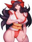  1girl black_hair bow breasts cleavage covered_nipples fumio_(rsqkr) hair_bow highres large_breasts long_hair nakoruru older puffy_nipples purple_eyes red_bow samurai_spirits simple_background solo thick_thighs thighs white_background 