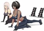  2girls android black_footwear black_hair black_pants blindfold blue_eyes blue_pants breasts dark_skin determined exercise expressionless headband large_breasts long_hair mole mole_under_mouth multiple_girls nier_(series) nier_automata pants ryu_seung shoes short_hair sneakers thighs weights white_background white_blindfold white_hair white_headband yoga_pants yorha_no._2_type_p yorha_type_a_no._2 