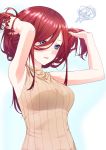  1girl alternate_costume armpits arms_up bare_arms bare_shoulders blue_background blue_eyes blush breasts commentary_request go-toubun_no_hanayome hair_over_one_eye hands_in_hair highres medium_breasts messy_hair nakano_miku parted_lips red_eyes shishamo_(masato_k) sleeveless solo squiggle sweater_vest two-tone_background upper_body 