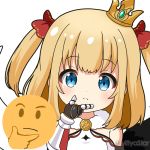  1girl bare_shoulders black_wings blonde_hair blue_eyes blush bow chin_stroking closed_mouth commentary_request crown emoji gauntlets hair_bow hand_up long_hair looking_at_viewer maaru_(shironeko_project) miicha mini_crown mismatched_wings red_bow shironeko_project shirt simple_background sleeveless sleeveless_shirt solo tilted_headwear twitter_username two_side_up upper_body white_background white_shirt white_wings wings 