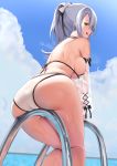  1girl :d ass azur_lane bangs bare_shoulders bikini black_bow blue_sky blush bow breasts brown_eyes commentary_request day detached_sleeves drake_(azur_lane) drake_(the_golden_hind&#039;s_respite)_(azur_lane) hair_between_eyes hair_bow highres kanade_pa large_breasts leaning_forward long_hair looking_at_viewer looking_back open_mouth outdoors ponytail pool_ladder see-through sideboob silver_hair sitting sky smile solo swimsuit thighs very_long_hair white_bikini white_bow 