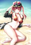  1girl :d arm_support arm_up armpits arrow_through_heart bangs bare_legs bare_shoulders barefoot baseball_cap beach bikini black_headwear black_jacket blush breasts cleavage day eyebrows_visible_through_hair eyewear_on_headwear finalcake grin hair_ribbon hat heart heart-shaped_eyewear heterochromia highres hololive houshou_marine jacket large_breasts long_hair long_sleeves looking_at_viewer lying navel on_side open_clothes open_jacket open_mouth outdoors pink-tinted_eyewear purple_hair red_bikini red_eyes red_ribbon ribbon salute shallow_water signature smile solo stomach swimsuit teeth thighs twintails water yellow_eyes 