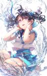 1girl artist_request bare_arms black_hair blouse blue_ribbon blue_skirt commentary_request fang fukumaru_koito hair_ribbon highres idolmaster idolmaster_shiny_colors long_hair purple_eyes ribbon skin_fang skirt sleeveless solo splashing twintails water white_background white_blouse wind 