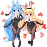  2girls :d animal_ear_fluff animal_ears bangs bare_shoulders black_footwear black_gloves black_leotard black_neckwear blonde_hair blue_eyes blue_hair blush bow breasts brown_legwear bunny_day bunny_ears bunnysuit cat_ears cleavage collar commentary_request covered_navel detached_collar elbow_gloves eyebrows_visible_through_hair fake_animal_ears fang fox_ears gloves hair_between_eyes hair_bow heart heart_background high_heels highres kanijiru leotard long_hair medium_breasts multiple_girls necktie open_mouth original pantyhose plaid plaid_bow purple_bow red_eyes red_ribbon ribbon shoe_soles shoes short_necktie simple_background smile standing standing_on_one_leg strapless strapless_leotard tail tail_ribbon very_long_hair white_background white_collar wing_collar 