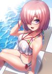  1girl bangs bare_shoulders bikini black-framed_eyewear blush breasts cleavage collarbone fate/grand_order fate_(series) hair_over_one_eye highres large_breasts lavender_hair looking_at_viewer mash_kyrielight multicolored multicolored_bikini multicolored_clothes open_mouth poolside purple_eyes rainbow_bikini sayshownen sheer_clothes short_hair sitting smile soaking_feet striped striped_bikini swimsuit swimsuit_of_perpetual_summer_ver.02 thighs wayer 