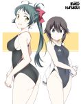  2girls :d ass black_hair black_swimsuit blue_eyes bottle breasts character_name closed_mouth clothes_writing collarbone competition_swimsuit cowboy_shot eyebrows_visible_through_hair green_eyes green_hair groin hair_between_eyes hair_ribbon hayasui_(kantai_collection) holding holding_bottle irako_(kantai_collection) kantai_collection long_hair medium_breasts multiple_girls one-piece_swimsuit open_mouth pocari_sweat ponytail red_ribbon ribbon short_hair small_breasts smile souji sportswear swimsuit 