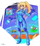  1boy 1girl alien block bodysuit company_connection crossover gloves highres holographic_interface kirby kirby_(series) mario_(series) metroid multiple_crossover mushroom nintendo oomasa_teikoku open_hands samus_aran skin_tight social_network solo_focus standing twitter twitter_logo zero_suit 