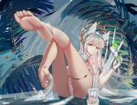  1girl absurdres animal_ear_fluff animal_ears arknights ass bare_legs barefoot cloak cup feet flower highres horse_ears horse_girl horse_tail laurel_crown legs long_hair looking_at_viewer omone_hokoma_agm panties petals platinum_(arknights) silver_hair tail toes underwear water white_cloak white_panties 