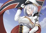  1girl azur_lane blue_eyes blue_sky breasts cape capelet cross cross_earrings earrings eyebrows_visible_through_hair flag fur-trimmed_cape fur_trim gloves hat holding holding_flag jewelry looking_at_viewer medium_breasts norwegian_flag peaked_cap short_hair sky solo taira_yuuki tirpitz_(azur_lane) white_gloves white_hair 