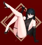  1girl ;) arm_up bangs bare_legs bare_shoulders black_footwear black_gloves black_hair black_leotard blush breasts closed_mouth collarbone earrings elbow_gloves full_body gloves hayabusa high_heels highres jewelry large_breasts legs legs_up leotard long_hair one_eye_closed original purple_eyes red_background sideboob signature smile solo straight_hair symbol_commentary two-tone_background very_long_hair 