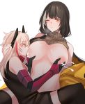  2girls absurdres bangs black_hair blush breast_sucking breasts closed_mouth eyebrows_visible_through_hair girls_frontline headgear highres lactation large_breasts light_brown_hair long_hair m4_sopmod_ii_(girls_frontline) mechanical_arm multicolored_hair multiple_girls nipples one_eye_closed red_hair ro635_(girls_frontline) simple_background streaked_hair thighhighs white_background white_hair yellow_eyes yuri yuutama2804 