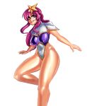  1girl blue_eyes breasts cosmikaizer covered_nipples english_commentary gundam gundam_seed gundam_seed_destiny hair_ornament highres leotard looking_to_the_side medium_breasts meer_campbell pink_hair skin_tight smile solo star_(symbol) star_hair_ornament white_background 