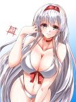  1girl artist_logo bikini blue_background breasts brown_eyes cleavage commentary_request hairband headband highres kantai_collection kentan_(kingtaiki) large_breasts leaning_forward long_hair looking_at_viewer navel red_headband shoukaku_(kantai_collection) solo swimsuit thigh_gap white_background white_bikini white_hair 