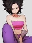  1girl bare_shoulders black_hair breasts brown_eyes caulifla cleavage closed_mouth collarbone dragon_ball dragon_ball_super grey_background kemachiku looking_at_viewer medium_breasts midriff short_hair simple_background sitting solo 