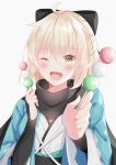  1girl ;d absurdres arm_guards bangs black_bow black_scarf blonde_hair blush bow commentary_request dango eyebrows_visible_through_hair fate/grand_order fate_(series) food hair_bow haori highres holding holding_food japanese_clothes kimono koha-ace looking_at_viewer looking_back okita_souji_(fate) okita_souji_(fate)_(all) one_eye_closed open_clothes open_mouth pov scarf short_hair smile solo upper_body wagashi white_kimono wide_sleeves yashima_roi yellow_eyes 