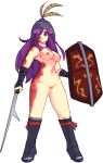 1girl boots breasts burn_scar commentary english_commentary frown full_body helmet holding holding_shield holding_weapon ikezawa_hanako katawa_shoujo knee_boots legs_apart long_hair looking_at_viewer medium_breasts nipples nude purple_eyes purple_hair pussy rtil scar serious shield simple_background solo standing weapon white_background wrist_wrap 