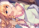  1girl blue_eyes blush braid breasts cleavage closed_mouth eyebrows_visible_through_hair highres holding_hands large_breasts long_hair looking_at_viewer lying on_back orange_hair pajamas pecorine pillow princess_connect! princess_connect!_re:dive sgt-jz single_braid smile solo_focus 