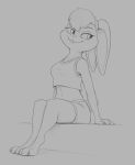 2020 anthro buckteeth clothed clothing crop_top female fully_clothed fur grey_background hi_res lagomorph leporid lola_bunny looney_tunes mammal midriff monochrome rabbit s1m shirt simple_background sitting smile solo teeth topwear warner_brothers 