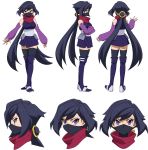  1girl ayame_(gundam_build_divers) bangs black_hair black_legwear boots breasts character_sheet covered_mouth elbow_gloves fingerless_gloves full_body gloves gundam gundam_build_divers gundam_build_divers_re:rise hair_ornament highres hip_armor japanese_clothes kimono long_hair looking_at_viewer low_ponytail mask medium_breasts mouth_mask multiple_views ninja ninja_mask official_art ponytail purple_eyes red_scarf scarf sleeveless split_ponytail thigh_boots thighhighs thighhighs_under_boots transparent_background very_long_hair zettai_ryouiki 