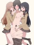  1boy 2girls amakusa_shino black_hair blush brown_hair clothed_female_nude_male faceless faceless_male girl_sandwich handjob highres kaika long_hair multiple_girls nude penis sandwiched school_uniform seitokai_yakuindomo shichijou_aria simple_background tsuda_takatoshi 