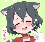  1girl animal_ears black_hair blush cat_ears cat_girl cheek_poking closed_eyes collar commentary_request disembodied_limb extra_ears fang highres kaban_(kemono_friends) kemono_friends kemonomimi_mode no_hat no_headwear poking ransusan red_collar short_hair sweatdrop translation_request wavy_mouth 
