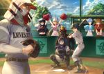  4boys 4girls animal_ears ayanami_rei bangs baseball baseball_base baseball_bat baseball_cap baseball_helmet baseball_jersey baseball_mitt baseball_uniform belt belt_buckle black_footwear black_hair black_jacket black_shirt blonde_hair blue_hair blue_skirt blue_sky boots breasts brown_belt brown_hair buckle catcher character_request cheerleader chest_protector closed_mouth clothes_writing collared_shirt commentary_request day fence gloves hat helmet highleg highleg_leotard highres holding hood hood_up horse_head ikari_shinji jacket layered_sleeves leotard long_hair long_sleeves looking_at_viewer mashuu_(neko_no_oyashiro) mask midriff mouth_mask multiple_boys multiple_girls navel neon_genesis_evangelion open_mouth outdoors pants pitcher pleated_skirt pom_poms red_eyes red_hair shirt short_hair short_sleeves skirt sky smile souryuu_asuka_langley sportswear squatting standing sweat t-shirt white_jacket white_leotard white_pants white_shirt 