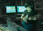  1girl apple_inc. black_hair commentary computer denim electric_guitar guitar headphones indoors instrument jeans kensight328 keyboard_(instrument) laptop mixing_console music night original pants playing_instrument shirt sitting solo speaker t-shirt 