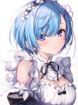  1girl blue_eyes blue_hair breasts character_name cleavage eyebrows_visible_through_hair eyes_visible_through_hair hair_ornament hair_over_one_eye hair_ribbon komeshiro_kasu maid_headdress medium_breasts petals pink_ribbon re:zero_kara_hajimeru_isekai_seikatsu rem_(re:zero) ribbon short_hair simple_background solo white_background x_hair_ornament 