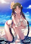  1girl arched_back bangs bare_shoulders beach bikini black_hair blush bracelet braid breasts chest_tattoo cleavage closed_eyes facial_mark fate/grand_order fate_(series) flower forehead_mark hair_flower hair_ornament highres jewelry kneeling large_breasts long_hair matsuryuu multicolored_hair necklace parted_bangs pearl_bracelet pearl_necklace pink_hair sarong seashell_necklace sesshouin_kiara sesshouin_kiara_(swimsuit_mooncancer)_(fate) smile streaked_hair swimsuit tattoo thighs twin_braids very_long_hair white_bikini 