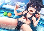  1girl adapted_costume akatsuki_(kantai_collection) anchor_symbol ball bikini black_bikini black_hair black_headwear blue_eyes flat_cap flat_chest food front-tie_top hat highres hose kantai_collection long_hair navel open_mouth popsicle shallow_water sitting solo spread_legs swimsuit taisho_(gumiyuki) upper_teeth wading_pool water 