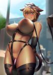  1girl ahegao animal_ears arms_behind_back bangs bdsm black_collar blonde_hair blurry blurry_background blush bondage_outfit boots bound breasts brown_legwear cat_ears cat_girl cat_tail clenched_teeth collar commentary cowboy_shot day depth_of_field dildo earrings facial_mark fang final_fantasy final_fantasy_xiv from_below gaothun green_eyes harness heart heart_earrings highres holding holding_leash jewelry large_breasts leash miqo&#039;te nipples o-ring object_insertion open_mouth original outdoors public sex_toy short_hair solo_focus stomach sweatdrop tail teeth thigh_boots thigh_strap thighhighs uncensored vaginal vaginal_object_insertion 